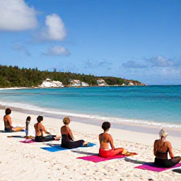 Caribbean Holidays, BVI Wellness November, Peaceful beachfront yoga session in the British Virgin Islands, small group on mats with turquoise water in the background