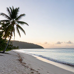 Caribbean Holidays, BVI Wellness November, Quiet white-sand beach in the British Virgin Islands at sunrise, calm turquoise sea and a few palm trees
