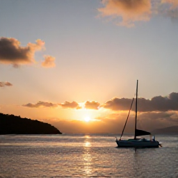 Caribbean Holidays, BVI Wellness November, Sunset over calm Caribbean water between British Virgin Islands, small sailing boat and warmly lit sky