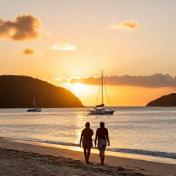 Caribbean Holidays, BVI Wellness October, Couple walking along a quiet beach at sunset with sailing boats offshore, British Virgin Islands