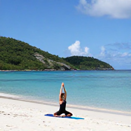Caribbean Holidays, BVI Wellness October, Person enjoying a gentle yoga session on a quiet white-sand beach with green hills and calm Caribbean water, British Virgin Islands