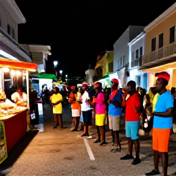 Caribbean Holidays, Calypso Nights, A colourful Caribbean street celebration at night with calypso musicians, local food stalls and visitors enjoying the festive atmosphere