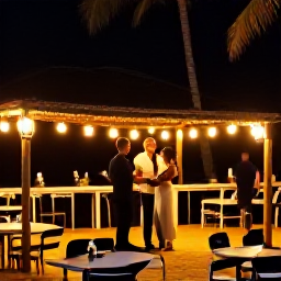 Caribbean Holidays, Calypso Nights, A couple dancing to live calypso music at a relaxed Caribbean beachfront venue, with lanterns, palm trees and tables nearby