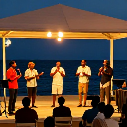 Caribbean Holidays, Calypso Nights, A lively Caribbean evening with musicians performing calypso on a warmly lit outdoor stage beside the sea