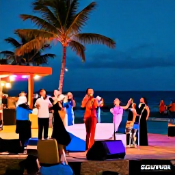 Caribbean Holidays, Calypso Nights, Visitors enjoying an outdoor Caribbean calypso concert at night, with colourful lights, palm trees and the ocean in the background