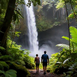 Caribbean Holidays, Caribbean Adventure, A couple hiking through lush Caribbean rainforest towards a waterfall, bright tropical foliage and soft morning light