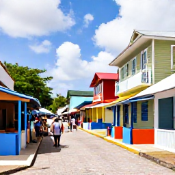Caribbean Holidays, Caribbean Adventure, A friendly Caribbean village street with colourful houses, a local market and visitors meeting residents
