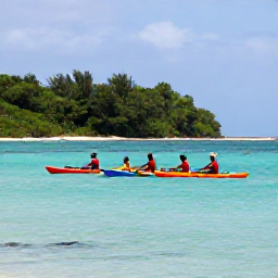 Caribbean Holidays, Caribbean Adventure, A group of visitors kayaking across calm turquoise Caribbean sea beside a green coastline, with bright sunlight and small waves