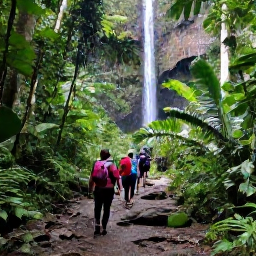 Caribbean Holidays, Caribbean Adventure, A guided rainforest hike leading to a Caribbean waterfall, with travellers walking beneath tropical foliage