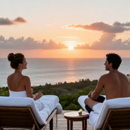 Caribbean Holidays, Caribbean Adventure, A happy couple enjoying a spa terrace overlooking a Caribbean sunset after an active day of island adventures