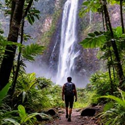 Caribbean Holidays, Caribbean Adventure, A hiker following a lush rainforest trail towards a dramatic waterfall on Saint Vincent, Caribbean island scenery