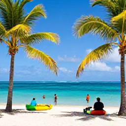 Caribbean Holidays, Caribbean Adventure, A lively Caribbean beach with snorkellers, kayaks and palm trees under bright sunshine