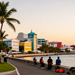 Caribbean Holidays, Caribbean Adventure, A lively Caribbean city waterfront at golden hour, with colourful buildings, palm trees and travellers preparing for an adventure