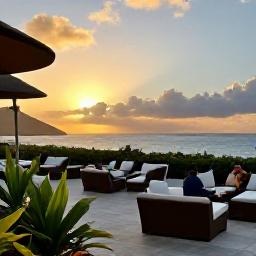 Caribbean Holidays, Caribbean Adventure, A relaxed Caribbean hotel terrace overlooking the sea at sunset, with comfortable seating, tropical plants and travellers planning the next day's activities