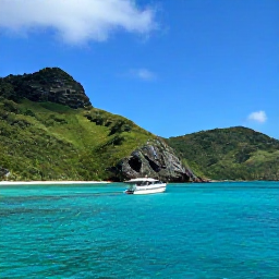 Caribbean Holidays, Caribbean Adventure, A small motorboat approaching a lush Caribbean island with clear turquoise water, rugged green hills and bright blue sky
