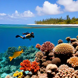 Caribbean Holidays, Caribbean Adventure, A snorkeller above a colourful coral reef with tropical fish in the Tobago Cays, Caribbean sea and sandy island in the background