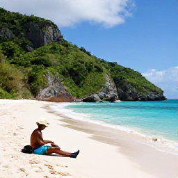 Caribbean Holidays, Caribbean Adventure, A sunlit Caribbean beach beside lush green hills, with a relaxed traveller preparing for an active day