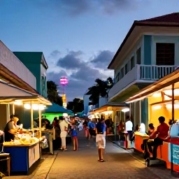 Caribbean Holidays, Caribbean Adventure, A vibrant Caribbean street scene at dusk with local food stalls, live music, historic architecture and visitors enjoying the atmosphere