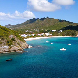 Caribbean Holidays, Caribbean Adventure, Aerial view of Saint Martin and Sint Maarten coastline with turquoise sea, green hills and small boats