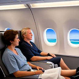 Caribbean Holidays, Caribbean Adventure, Business class passengers relaxing in a comfortable aircraft cabin before flying towards a bright Caribbean island