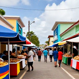 Caribbean Holidays, Caribbean Adventure, Colourful Caribbean street with local market stalls, historic buildings and travellers enjoying authentic island food