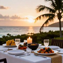 Caribbean Holidays, Caribbean Adventure Cooking, A beautifully set outdoor Caribbean dinner table at sunset, featuring colourful homemade dishes, candles and views across the sea