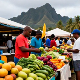 Caribbean Holidays, Caribbean Adventure Cooking, A colourful Caribbean market with fresh tropical fruit, vegetables, herbs and spices, with mountains and palm trees in the background