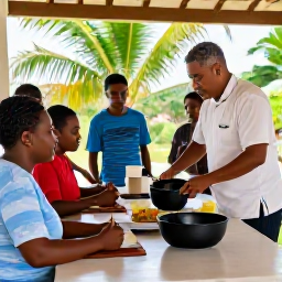 Caribbean Holidays, Caribbean Adventure Cooking, A small group cooking lesson in a Caribbean open-air kitchen, with a local chef demonstrating a dish while guests prepare ingredients