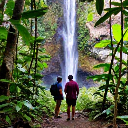 Caribbean Holidays, Caribbean Adventure Cooking, Travellers hiking through lush Caribbean rainforest towards a waterfall, with a guide and tropical vegetation surrounding the trail