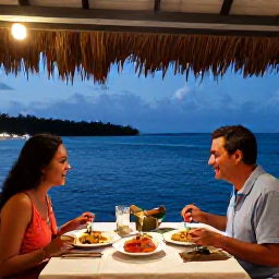 Caribbean Holidays, Caribbean Adventure, Couple enjoying an evening meal at a relaxed waterfront restaurant in the Caribbean, warm lights and local dishes on the table