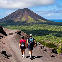 Caribbean Holidays, Caribbean Adventure, Couple trekking on a dramatic volcanic trail in the Caribbean, with mountain views, tropical forest and the sea in the distance