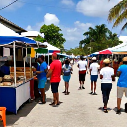 Caribbean Holidays, Caribbean Adventure, Friendly Caribbean market street with local food stalls, musicians and visitors exploring