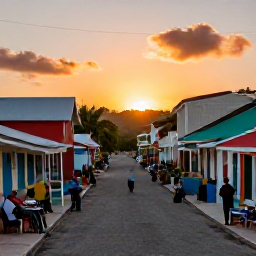 Caribbean Holidays, Caribbean Adventure, Friendly Caribbean village at sunset with visitors enjoying local food, music and colourful streets