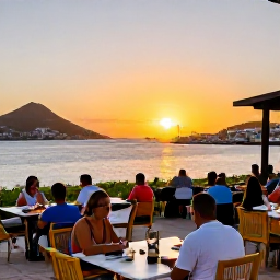 Caribbean Holidays, Caribbean Adventure, Friendly outdoor dining scene at sunset overlooking a Caribbean harbour on Sint Maarten
