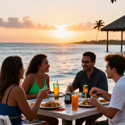 Caribbean Holidays, Caribbean Adventure, Friendly travellers enjoying a sunset meal at a waterfront Caribbean restaurant