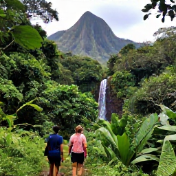 Caribbean Holidays, Caribbean Adventure, Hikers walking through a verdant Caribbean rainforest towards a waterfall, with volcanic mountains in the background