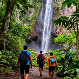 Caribbean Holidays, Caribbean Adventure, Hikers walking through tropical rainforest towards a Caribbean waterfall