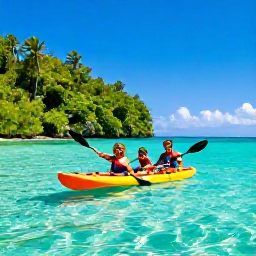 Caribbean Holidays, Caribbean Adventure Holidays, A happy family kayaking through clear turquoise Caribbean water beside a lush tropical island