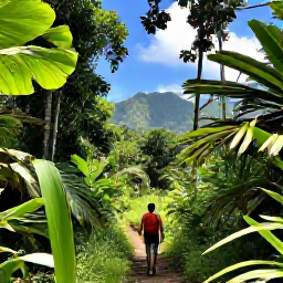 Caribbean Holidays, Caribbean Adventure Holidays, A hiker following a lush tropical trail through rainforest in the Caribbean, with mountains and bright blue sky in the distance