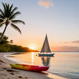 Caribbean Holidays, Caribbean Adventure Holidays, A small sailing boat and colourful kayaks on a calm Caribbean bay at sunset with palm-fringed beaches