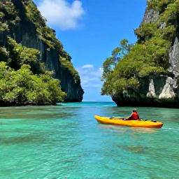 Caribbean Holidays, Caribbean Adventure Holidays, A small sea kayak travelling through clear turquoise Caribbean water beside green cliffs, with a quiet mangrove lagoon nearby