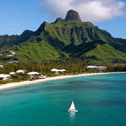 Caribbean Holidays, Caribbean Adventure Holidays, Aerial view of a luxury Caribbean resort beside turquoise sea, green mountains and a small sailing boat