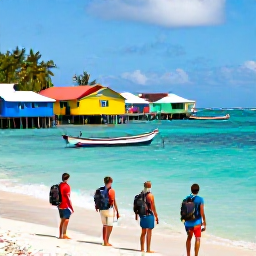 Caribbean Holidays, Caribbean Adventure Holidays, Backpackers exploring a colourful Caribbean fishing village beside turquoise sea, with rucksacks and local boats