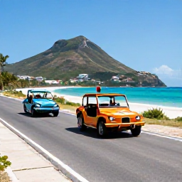 Caribbean Holidays, Caribbean Adventure Holidays, Colourful beach buggy driving along a scenic road between tropical beaches and hills on Sint Maarten