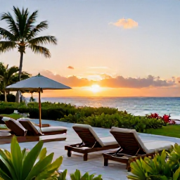 Caribbean Holidays, Caribbean Adventure Holidays, Elegant Caribbean resort terrace overlooking the sea at sunset, with comfortable loungers and tropical gardens