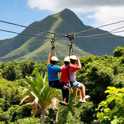 Caribbean Holidays, Caribbean Adventure Holidays, Family enjoying a safe Caribbean zip-line adventure through green forest with mountains and blue sky behind them
