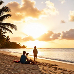 Caribbean Holidays, Caribbean Adventure Holidays, Family relaxing together on a golden Caribbean beach at sunset after an adventurous day