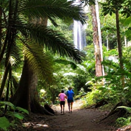 Caribbean Holidays, Caribbean Adventure Holidays, Family walking on a shaded rainforest trail beneath tall tropical trees and waterfalls in the Caribbean