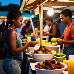 Caribbean Holidays, Caribbean Adventure Holidays, Friendly backpackers sharing jerk chicken and fresh fruit at a lively Caribbean street market in the evening