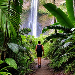 Caribbean Holidays, Caribbean Adventure Holidays, Hiker following a rainforest trail towards a Caribbean waterfall, tropical plants and bright natural light